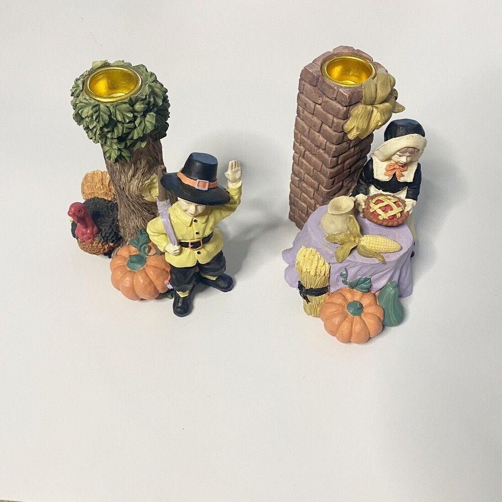 Vintage Thanksgiving Gathering Pilgrims Figurine Votive Tea Candle Holder 2 Pc